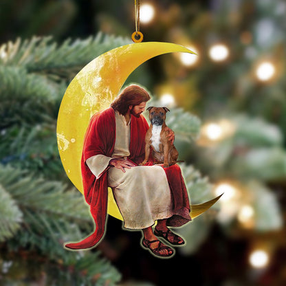 Staffordshire Bull Terrier And Jesus Sitting On The Moon Hanging Ornament, Car Ornament, Christmas Ornament - Best gifts your whole family