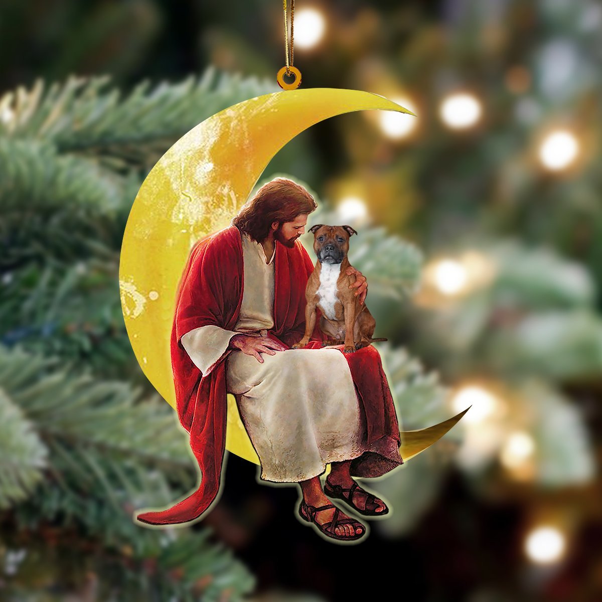 Staffordshire Bull Terrier And Jesus Sitting On The Moon Hanging Ornament Christmas Ornament - Best gifts your whole family