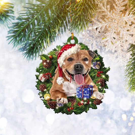 Staffordshire Bull Terrier Christmas Wreath Ornament, Dog Pet Lover Christmas Tree Ornament, Home Decor Plastic Ornament - Best gifts your whole family