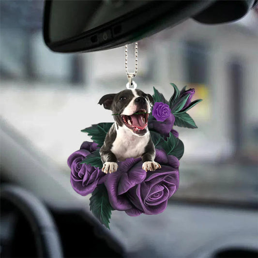 Staffordshire Bull Terrier In Purple Rose Car Hanging Ornament, Dog Hanging Ornament For Auto - Best gifts your whole family