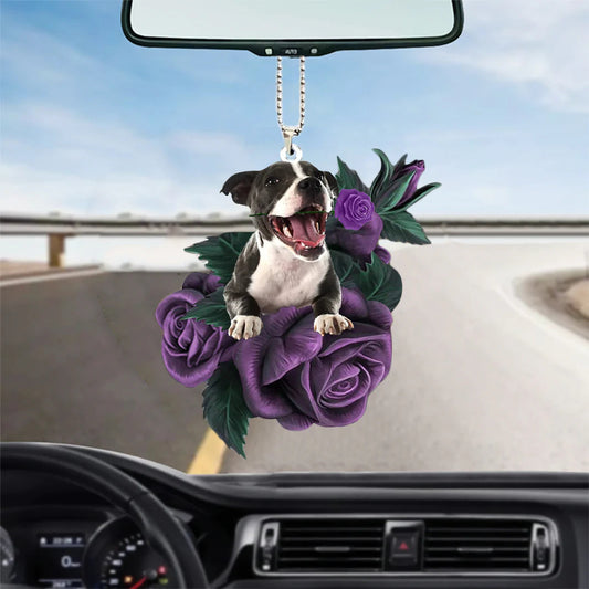 Staffordshire Bull Terrier In Purple Rose Car Hanging Ornament, Dog Hanging Ornament For Auto - Best gifts your whole family