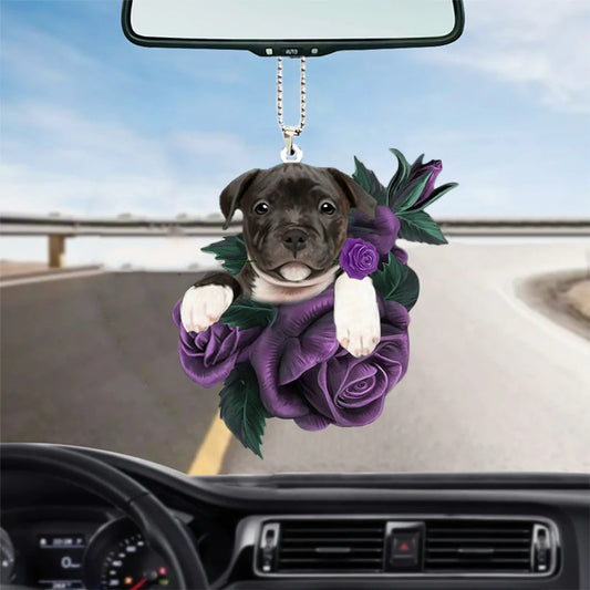 Staffordshire Bull Terrier In Purple Rose Car Hanging Ornament, Dog Ornament For Car - Best gifts your whole family