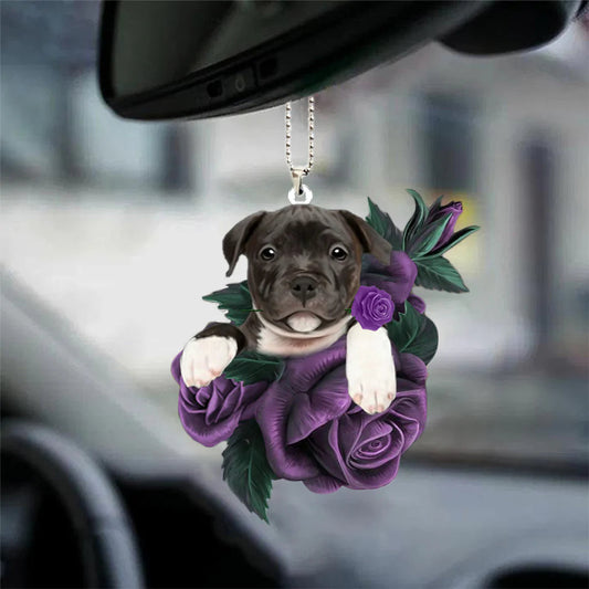 Staffordshire Bull Terrier In Purple Rose Car Hanging Ornament, Dog Ornament For Car - Best gifts your whole family