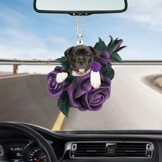 Staffordshire Bull Terrier In Purple Rose Car Hanging Ornament, Hanging Ornament For Car - Best gifts your whole family