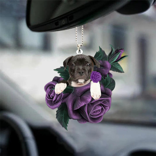 Staffordshire Bull Terrier In Purple Rose Car Hanging Ornament, Hanging Ornament For Car - Best gifts your whole family