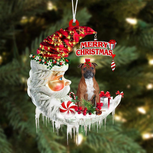 Staffordshire Bull Terrier On The Moon Merry Christmas Hanging Ornament - Best gifts your whole family