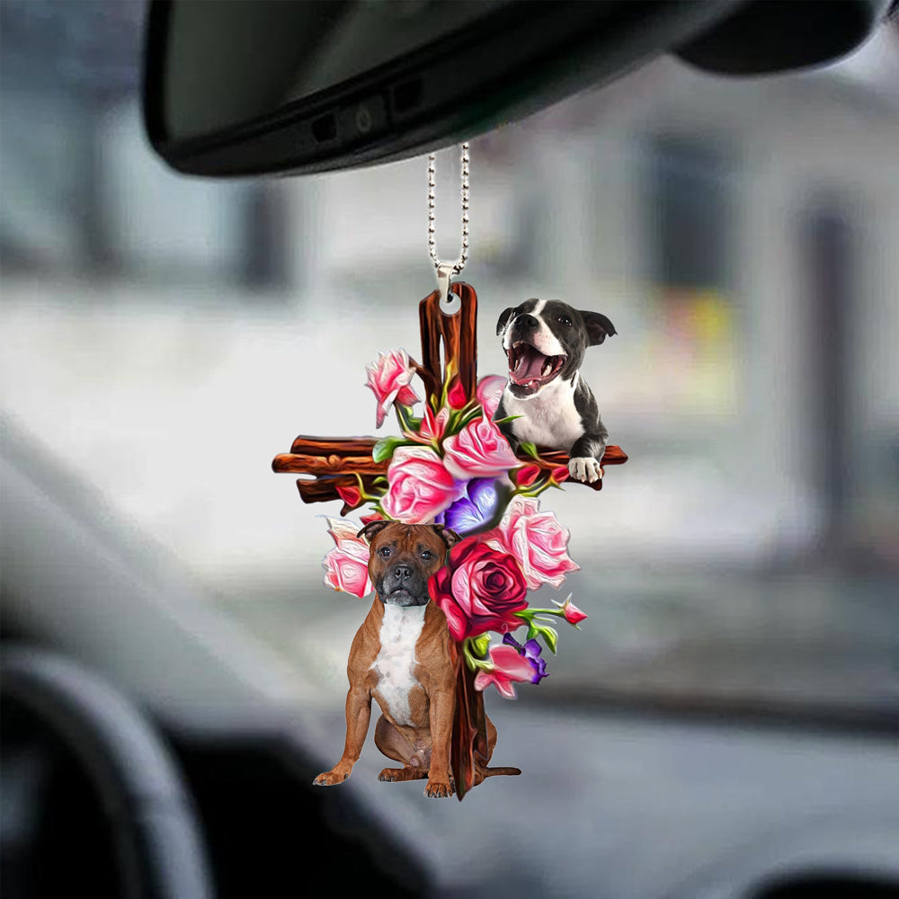 Staffordshire Bull Terrier Roses And Jesus Car Hanging Ornament Dog Ornaments For Auto Car Godmerc - Best gifts your whole family