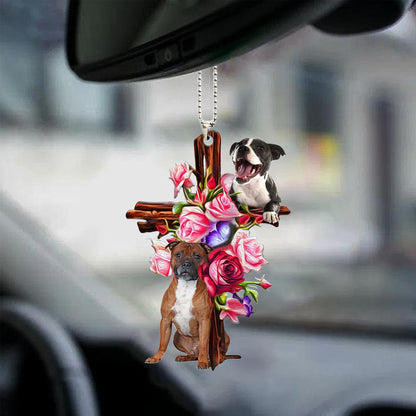 Staffordshire Bull Terrier Roses And Jesus Car Hanging Ornament Dog Ornaments For Auto Car Godmerc - Best gifts your whole family