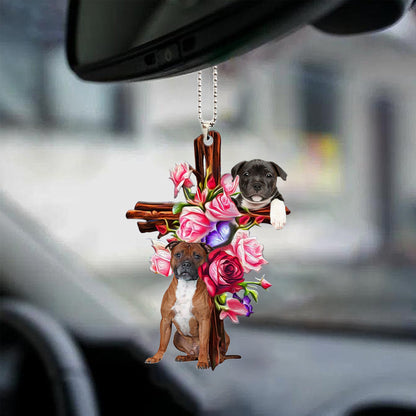 Staffordshire Bull Terrier Roses And Jesus Car Hanging Ornament Dog Ornaments Godmerc - Best gifts your whole family