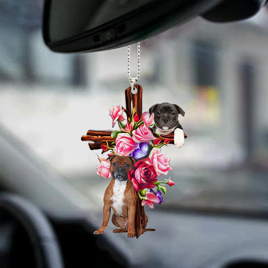 Staffordshire Bull Terrier Roses And Jesus Car Hanging Ornament Dog Ornaments Godmerc - Best gifts your whole family