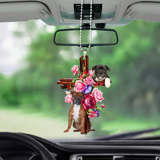 Staffordshire Bull Terrier Roses And Jesus Car Hanging Ornament Dog Ornaments Godmerc - Best gifts your whole family