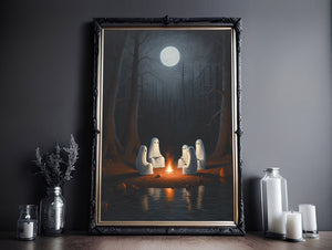 The Specters Gathering To Read Books Poster, Cute Little Ghost Face, Vintage Poster, Dark Academia, Haunting Ghost, Halloween Decor - Best gifts your whole family