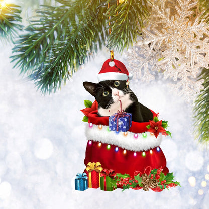 Tuxedo Cat Christmas Gift Bag Flat 2D Ornament, Cat Pet Lover Gift Christmas Tree Ornament, Home Decor Plastic Ornament - Best gifts your whole family