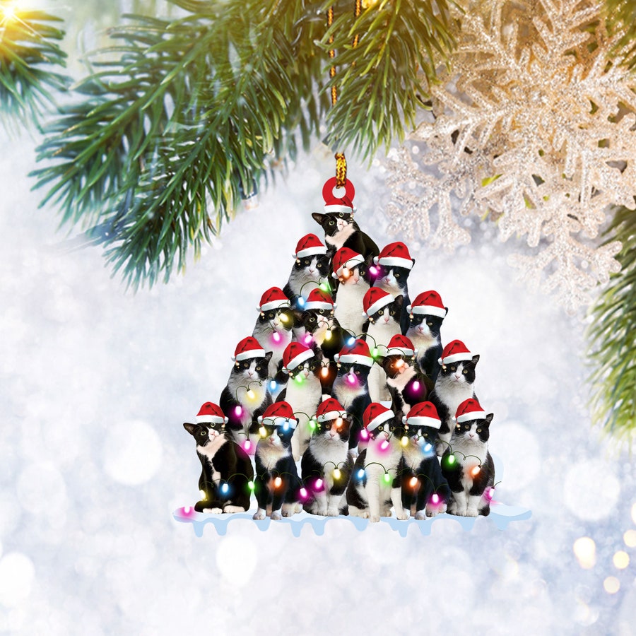 Tuxedo Cat Christmas Pine Tree Flat 2D Ornament, Cat Pet Lover Gift, Christmas Tree Ornament, Home Decor - Best gifts your whole family