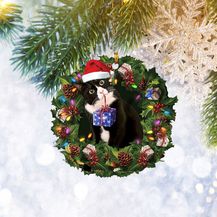 Tuxedo Cat Wearing Christmas Wreath Flat 2D Ornament, Cat Lover Gift Christmas Tree Ornament, Home Decor - Best gifts your whole family