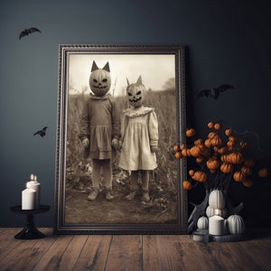 Vintage Creepy Children Halloween PHOTO Pumpkin Head Owl Costume Freak Scary Kid, Vintage photography, Art Poster Print, Halloween Poster - Best gifts your whole family