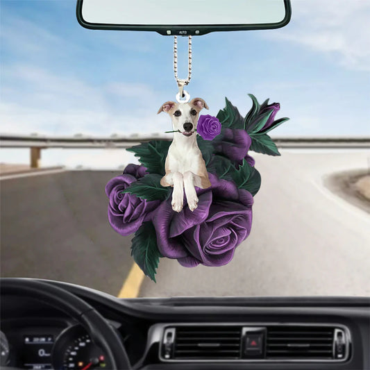 Whippet In Purple Rose Car Hanging Ornament, Dog Hanging Ornament For Car - Best gifts your whole family