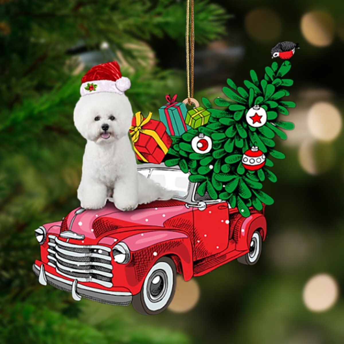 White Bichon Frise-Pine Truck Hanging Ornament - Best gifts your whole family