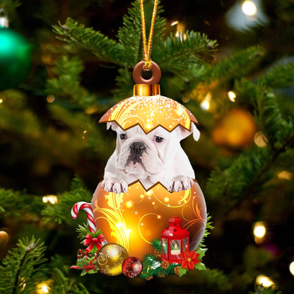 WHITE English Bulldog In Golden Egg Christmas Ornament - Best gifts your whole family