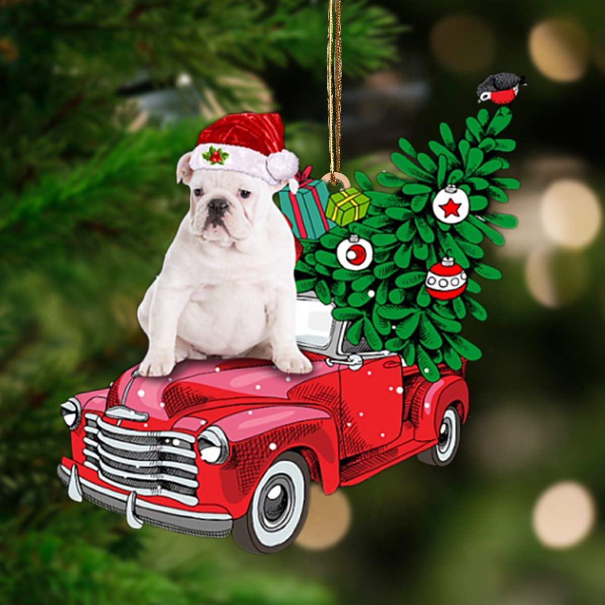 WHITE English Bulldog-Pine Truck Hanging Ornament - Best gifts your whole family