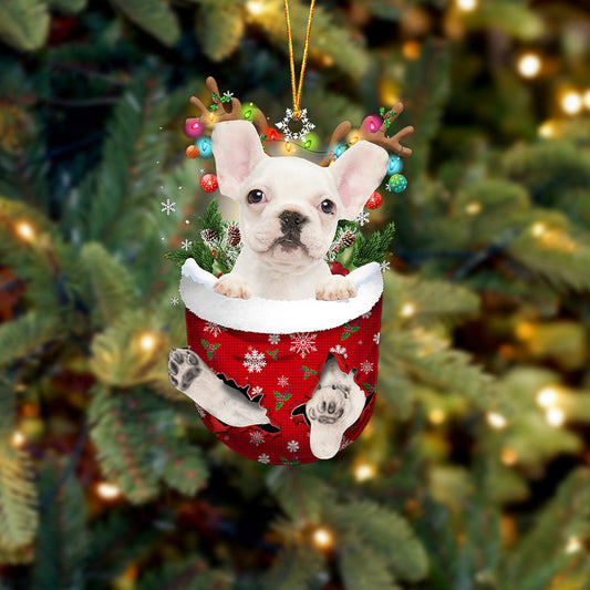 WHITE French Bulldog In Snow Pocket Christmas Ornament Flat Acrylic Dog Ornament - Best gifts your whole family