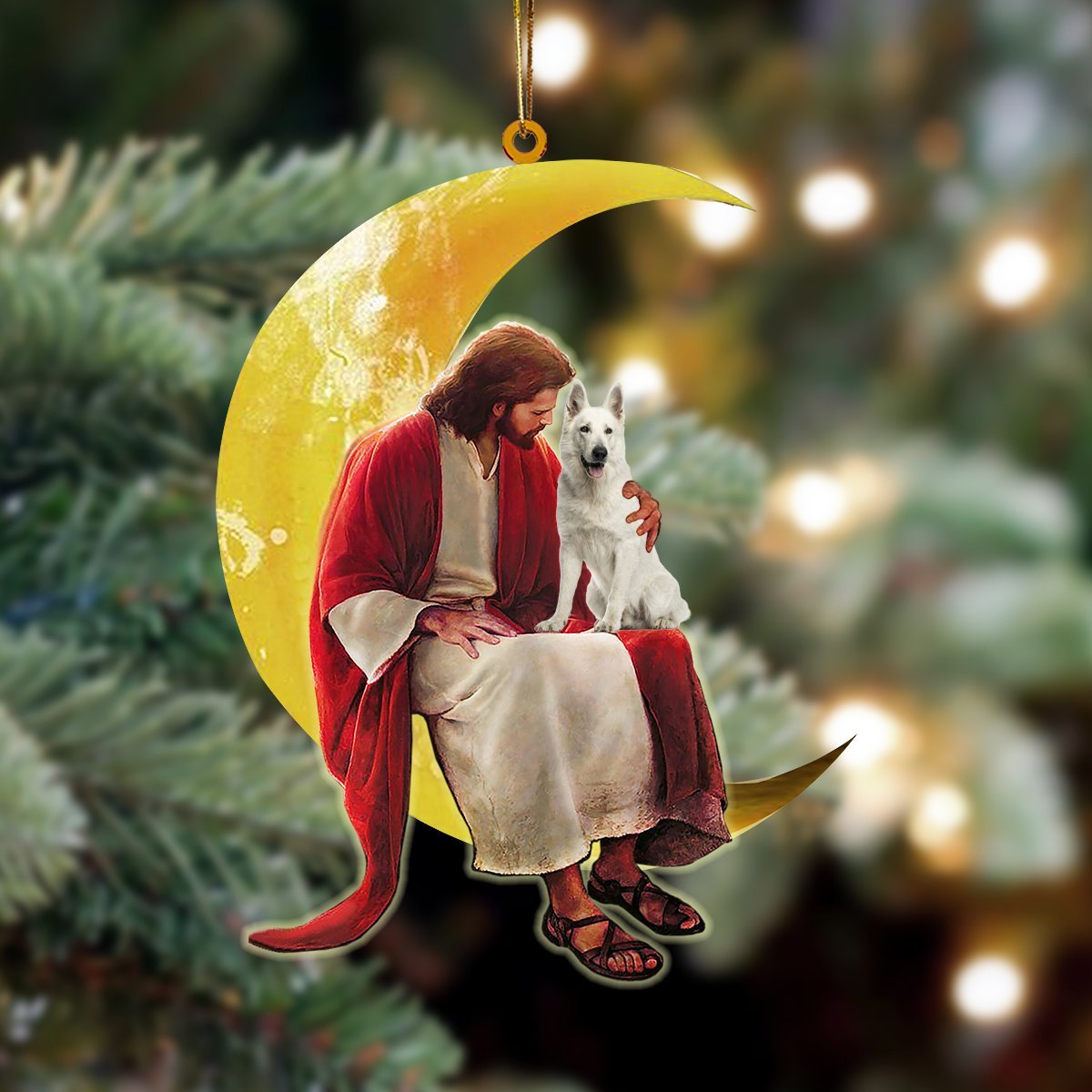 White German Shepherd And Jesus Sitting On The Moon Hanging Ornament Christmas Ornament - Best gifts your whole family