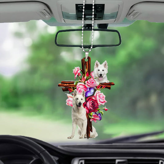 White German Shepherd Roses And Jesus Car Hanging Ornament Dog Ornaments For Auto Car Godmerc - Best gifts your whole family