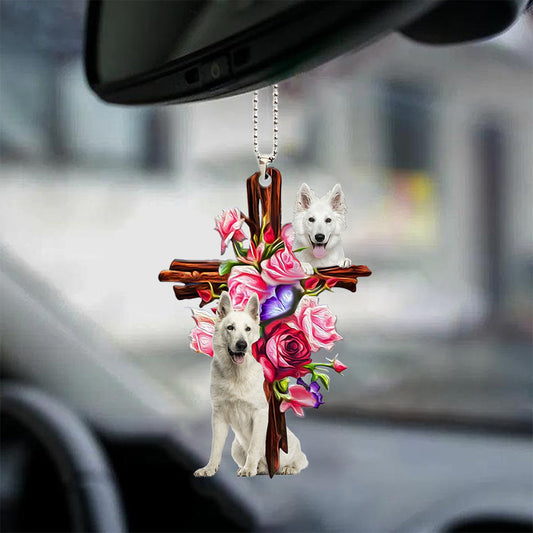White German Shepherd Roses And Jesus Car Hanging Ornament Dog Ornaments For Auto Car Godmerc - Best gifts your whole family