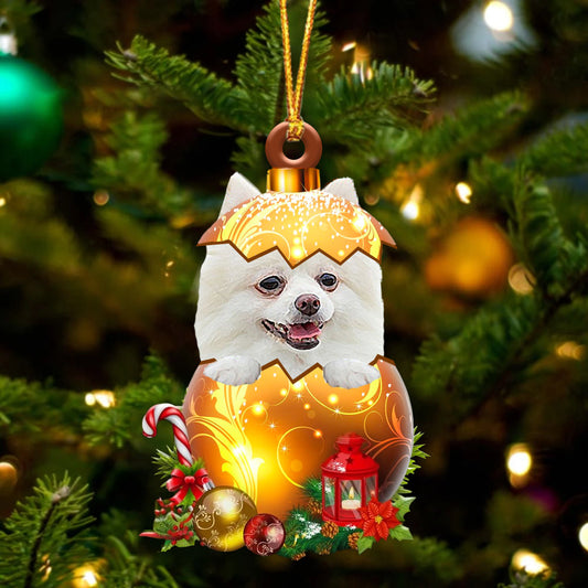 WHITE Pomeranian In Golden Egg Christmas Ornament - Best gifts your whole family