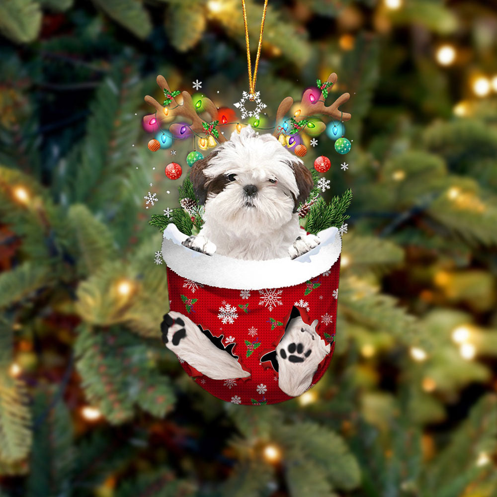WHITE Shih Tzu In Snow Pocket Christmas Ornament Flat Acrylic Dog Ornament - Best gifts your whole family
