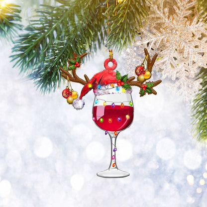 Wine Glass With Santa Hat Reindeer Flat 2D Ornament, Wine Lover Gift Christmas Tree Ornament, Home Decor - Best gifts your whole family