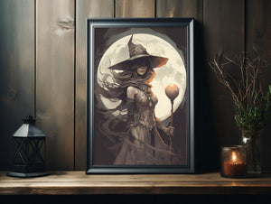 Witch With Full Moon Poster, Witch Print, Witch Poster, Spooky Art, Dark Academia, Witch Ghost, Halloween Decor,Halloween Poster - Best gifts your whole family