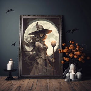 Witch With Full Moon Poster, Witch Print, Witch Poster, Spooky Art, Dark Academia, Witch Ghost, Halloween Decor,Halloween Poster - Best gifts your whole family