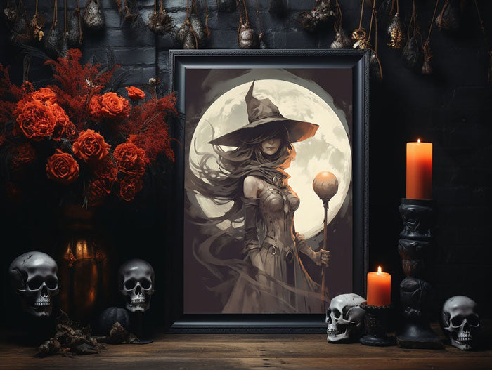 Witch With Full Moon Poster, Witch Print, Witch Poster, Spooky Art, Dark Academia, Witch Ghost, Halloween Decor,Halloween Poster - Best gifts your whole family