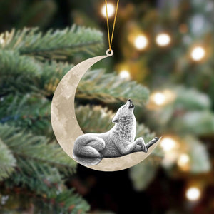 Wolf Sits On The Moon Hanging Ornament, Animal Christmas Ornaments - Best gifts your whole family