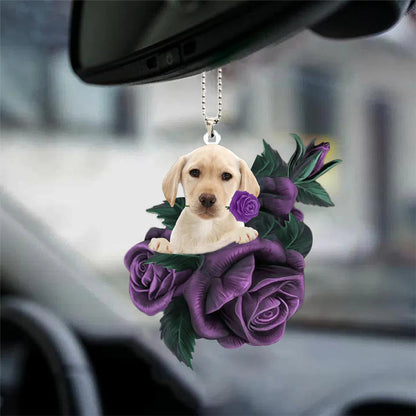 Yellow Labrador In Purple Rose Car Hanging Ornament - Best gifts your whole family