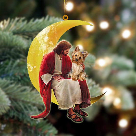 Yorkshire Terrier And Jesus Sitting On The Moon Hanging Ornament, Car Ornament, Christmas Ornament - Best gifts your whole family