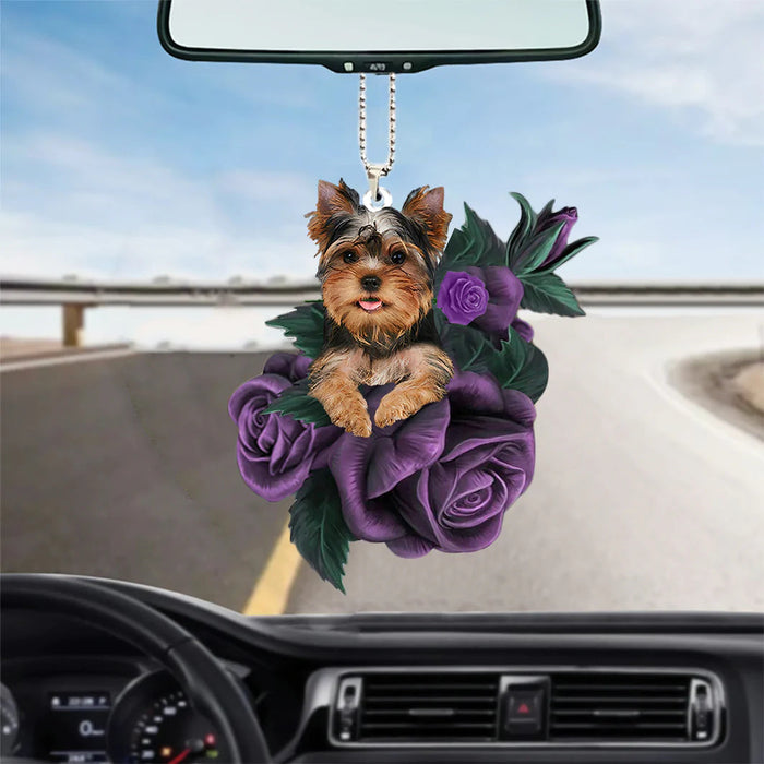 Yorkshire Terrier In Purple Rose Car Hanging Ornament - Best gifts your whole family