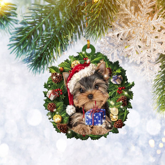 Yorkshire Terrier Yorkie Dog Christmas Wreath Flat 2D Ornament, Christmas Tree Ornament Gift, Home Decor - Best gifts your whole family