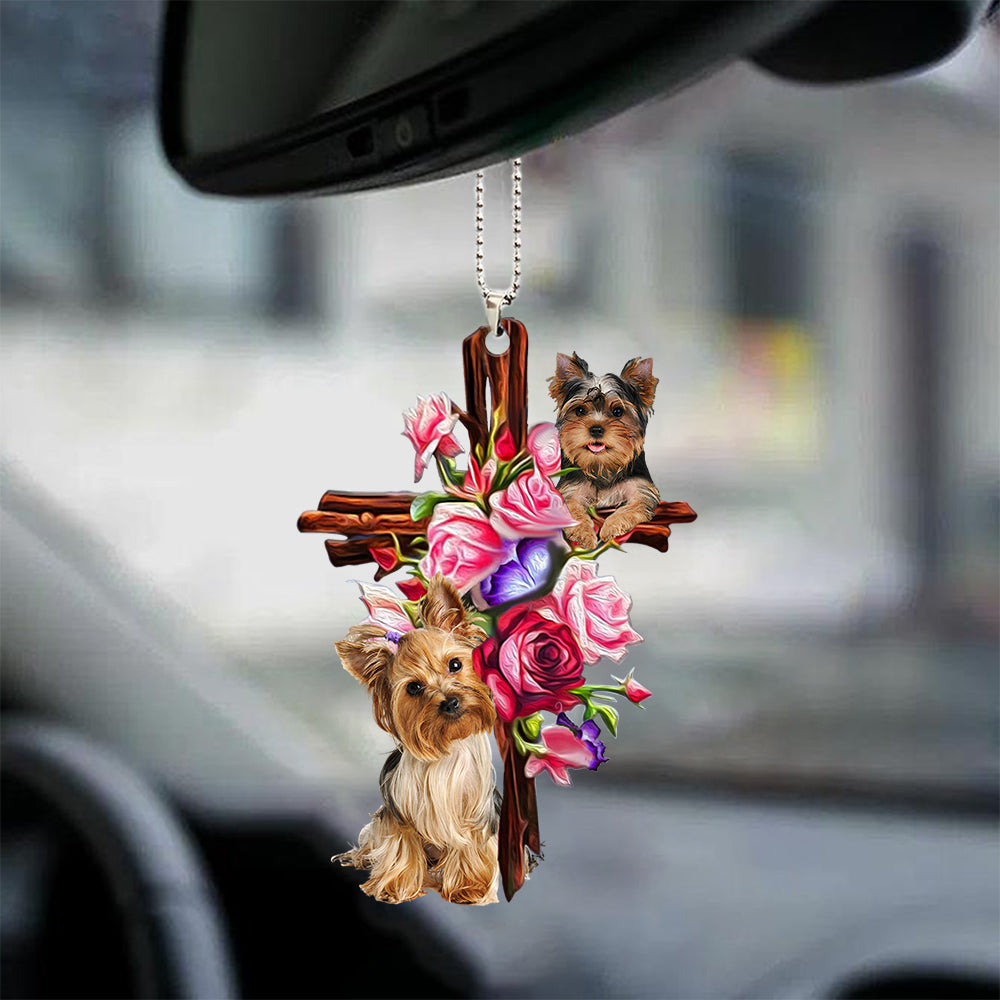 Yorkshire Terrier Yorkie Roses And Jesus Car Hanging Ornament Dog Ornaments For Auto Car Godmerc - Best gifts your whole family