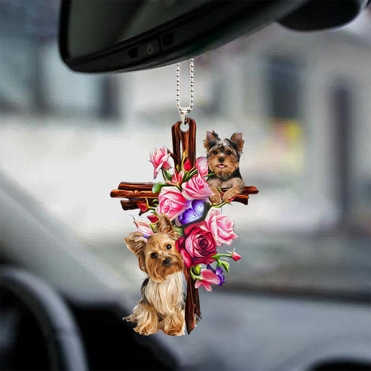 Yorkshire Terrier Yorkie Roses And Jesus Car Hanging Ornament Dog Ornaments For Auto Car Godmerc - Best gifts your whole family