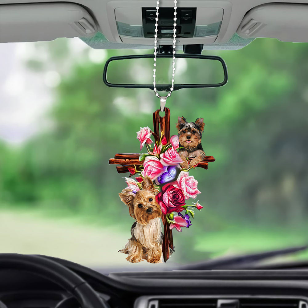 Yorkshire Terrier Yorkie Roses And Jesus Car Hanging Ornament Dog Ornaments For Auto Car Godmerc - Best gifts your whole family