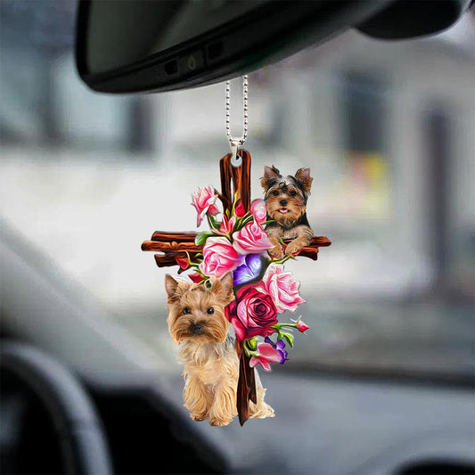 Yorkshire Terrier Yorkie Roses And Jesus Car Hanging Ornament Dog Ornaments Godmerc - Best gifts your whole family